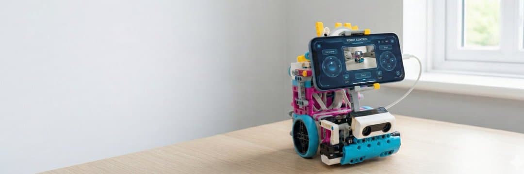 A LEGO SPIKE Prime robot build with an iPhone securely mounted on top using custom LEGO Technic beams, showing the phone acting as the robot's perception and AI module.