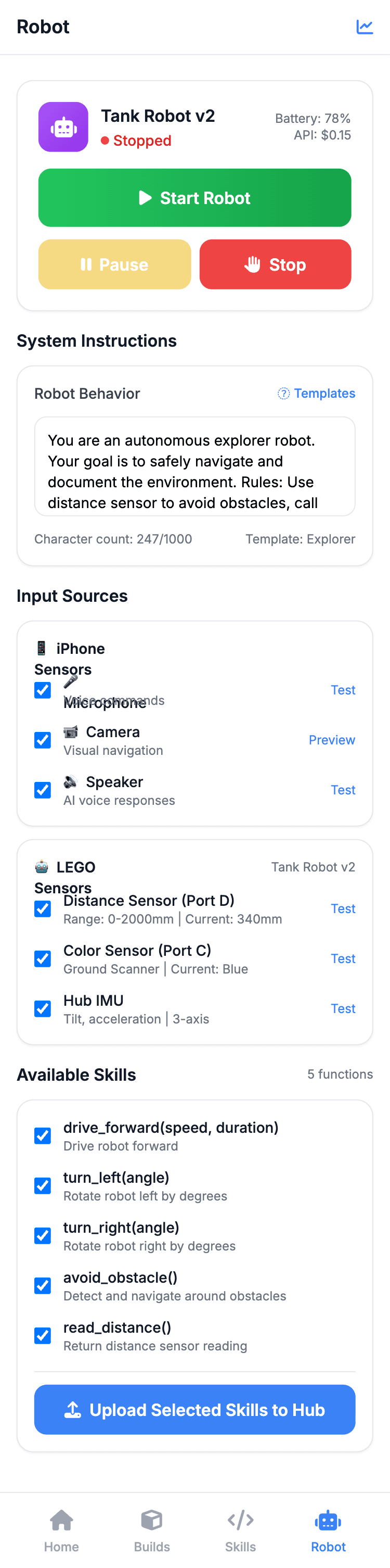MyRoboBrick robot control screen